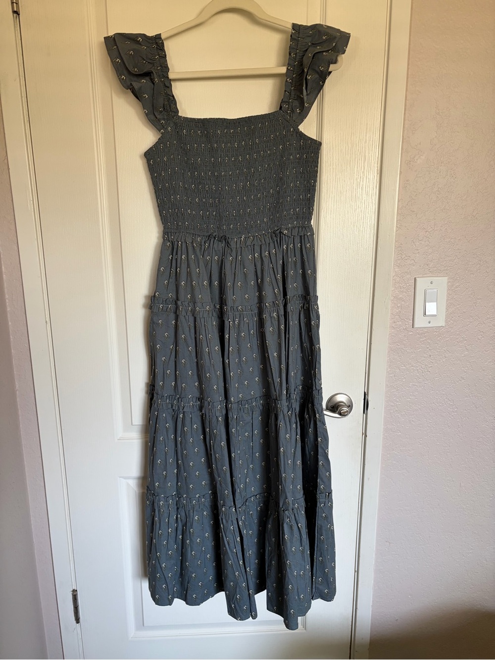 Storia Slate Blue Smocked Maxi Dress with Ruffle Straps